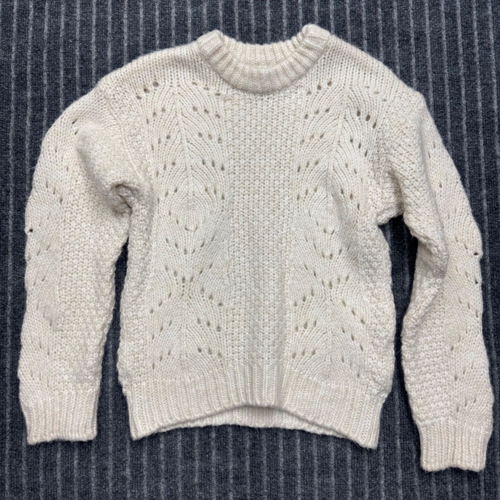 Urban Outfitters Womens Pointelle Knit Sweater S Cream White Boho Crew Neck